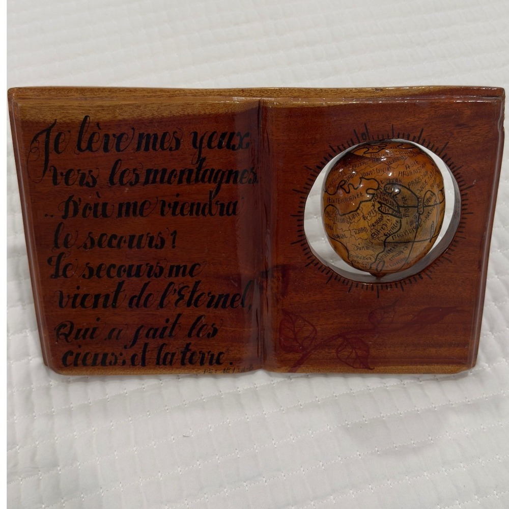 Unbranded‎ Handcrafted Wooden Book Plaque French Psalm 121 Rotating Globe Decor